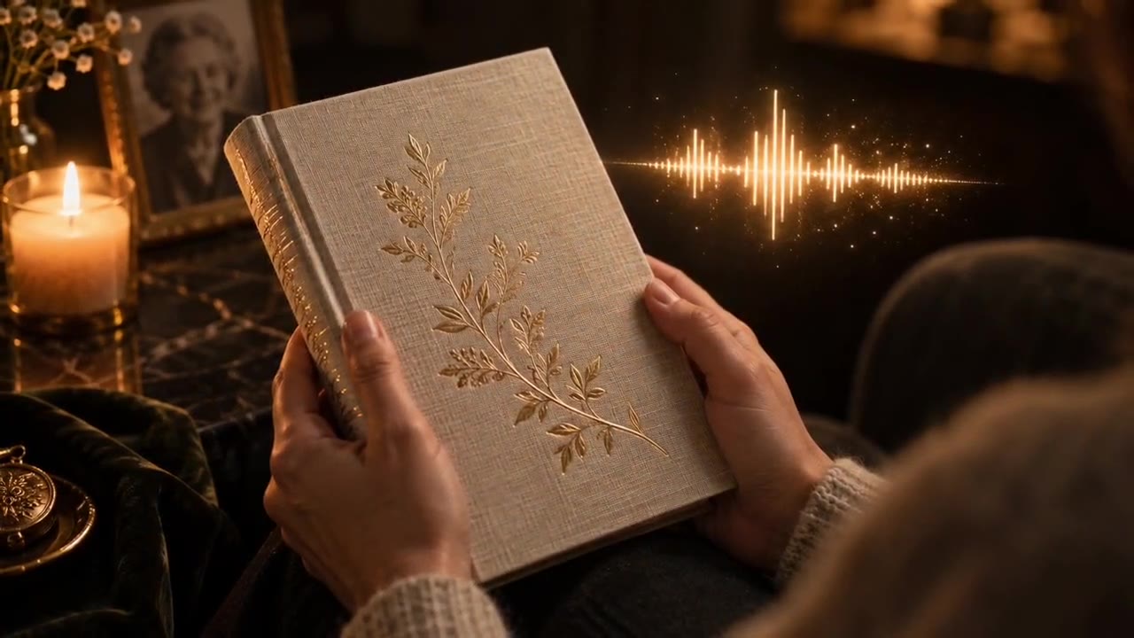 Hands holding a linen-bound family book beside a lit candle